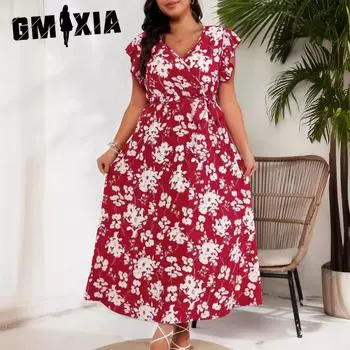 GMXIA Summer Women s V-Neck Tie Belt Large Size Red Dresses L красный
