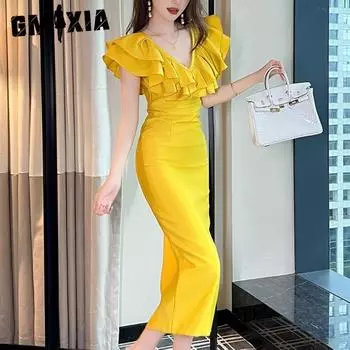 GMXIA Летняя женская одежда Французский V-образный вырез Пеплум Высокая талия Платье One Step Design S