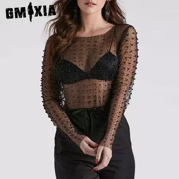 GMXIA Супер сексуальная прозрачная кружевная рубашка с яркими бриллиантовыми бусинами внутри, блузка с длинным рукавом из марли для женщин XS чёрный