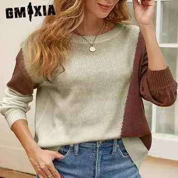 GMXIA Свитер Осенний свитер для женщин Пуловер Темперамент Пригородный Длинный рукав Круглый вырез Соответствующий цвет свитер для женщин S