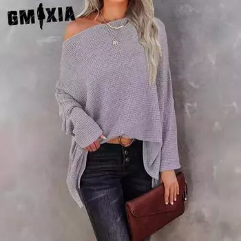 GMXIA свитер качественный осенний городской стиль полиэстеровый пуловер диагональный воротник свободный тип женский трикотаж S