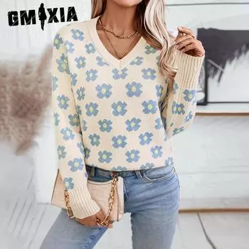 GMXIA Свитер женский осенне-зимний пуловер с V-образным вырезом свободный цветочный цвет вязаный свитер женский S синий