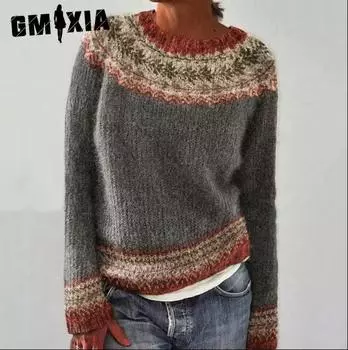 GMXIA свитер женский круглый вырез под цвет свободный модный свитер-пуловер S
