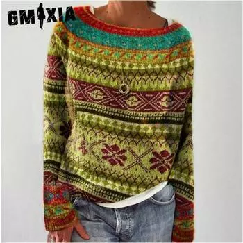 GMXIA Sweater Women s Crew Neck Matching Color Loose Fashion Pullover Sweater