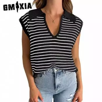GMXIA Свитер женский с V-образным вырезом, короткий трикотажный с короткими рукавами, повседневный топ по всей длине S чёрный