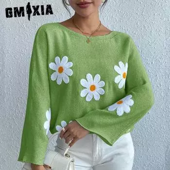 GMXIA Милый цветочный свободный трикотажный топ с вышивкой в одну линию плеча свитер-пуловер S