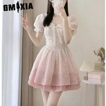 GMXIA Милое градиентное платье принцессы с лохматым лифом, летнее, с тонкой талией, для похудения, чистое желание S