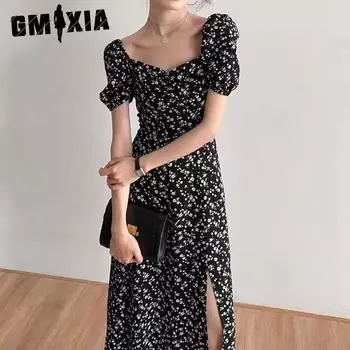 GMXIA Сладкое чайное платье с квадратным воротником и рукавами-фонариками, маленькое свежее цветочное платье, черное темпераментное длинное детское летнее платье S