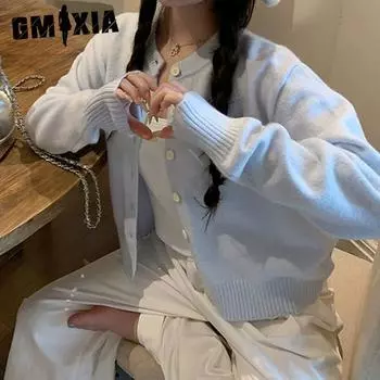 GMXIA светло-голубой ленивый вязаный кардиган пальто женский весенний мягкий вощеный короткий топ с длинными рукавами One size светло-синий