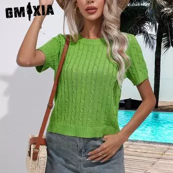 GMXIA Свитер с коротким рукавом Twist Трикотаж Весна Лето O-образный вырез Однотонный трикотаж для женщин S белый