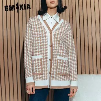 GMXIA Свитер в клетку «Тысяча птиц», кардиган, осенне-зимний новый элегантный женский свободный вязаный кардиган во французском стиле