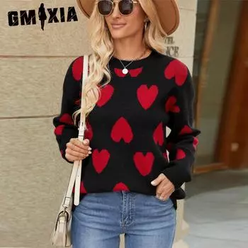 GMXIA Свитер женский осень зима жаккардовый длинный рукав свободный круглый вырез Love вязаный свитер пальто женский S чёрный