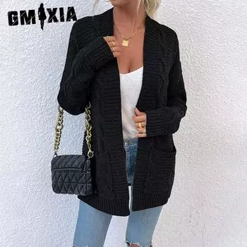 GMXIA Свитер женский осенне-зимний трикотажный кардиган средней длины с карманами S чёрный