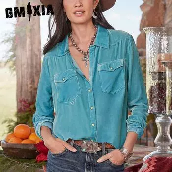 GMXIA Свободная повседневная универсальная рубашка-карго в стиле ретро с длинными рукавами для женщин S бордовый