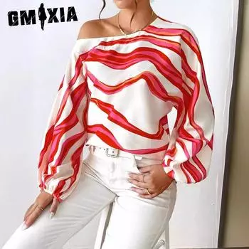 GMXIA Свободная рубашка с открытыми плечами и однотонным воротником в стиле весна-осень для женщин S красный