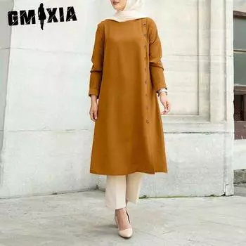 GMXIA Свободное повседневное женское платье-рубашка с длинными рукавами, украшенное пуговицами S хаки