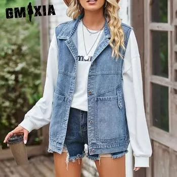 GMXIA однотонный принт поло воротник без рукавов женский свободный джинсовый жилет повседневный сзади S синий