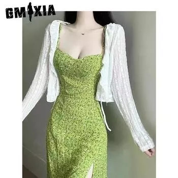 GMXIA Талия Летняя женская зеленая Platycodon Цветочная Пляжная Праздничная Одежда Платье-Халтер S