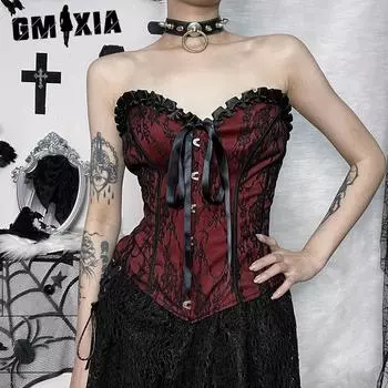 GMXIA Темный стиль Дизайн Топ Топ для женщин Облегающий кружевной топ на талии, утягивающий топ на шнуровке S красный