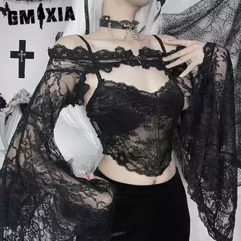 GMXIA Темный стиль Сексуальная блузка женская пуговицы прошитый кружевной прозрачный длинный рукав блузка кардиган S чёрный