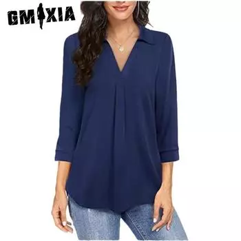 GMXIA Темпераментная шифоновая женская рубашка на пуговицах с v-образным вырезом и семиточечным рукавом, топ S зелёный
