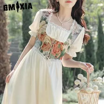 GMXIA Темпераментный стиль принцессы в стиле ретро, искусственные два платья с цветочным принтом, женская летняя милая сказочная длинная юбка