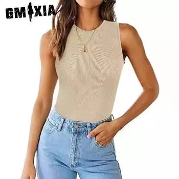 GMXIA Жилет вязаный нитью женский летний однотонный облегающий топ S чёрный