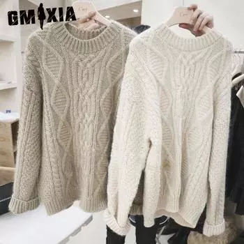 GMXIA Толстый свитер Twist для женщин, осень-зима, винтажный ленивый свободный пуловер, универсальный свитер, топ One Size белый