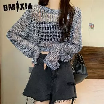 GMXIA Тонкий полый трикотаж для женщин, весна-лето, свободная одежда в иностранном стиле, короткая внешняя одежда с блузой для женщин One size белый