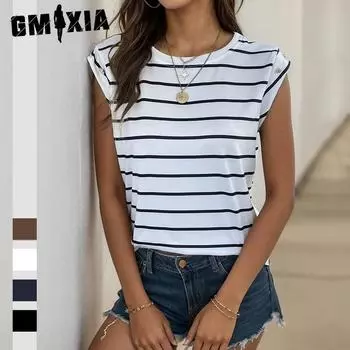 GMXIA Топ летний повседневный простой круглый вырез полосатый свитер футболка женская S