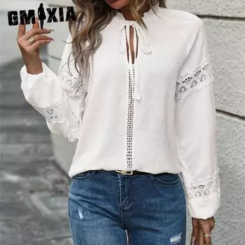 GMXIA Топ Осенняя рубашка с длинным рукавом в стиле пэчворк из жаккарда для женщин S белый