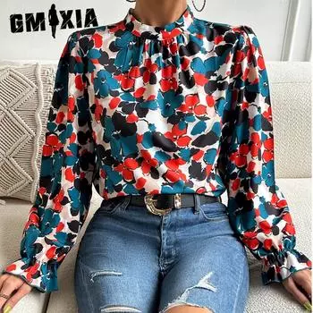 GMXIA Топ с длинным рукавом с принтом, весна-лето, отдых, праздничная рубашка с расклешенными рукавами, модное женское платье S зелёный