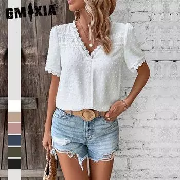 GMXIA Топ летний женский V-образный вырез однотонный женский кружевной блузка S белый