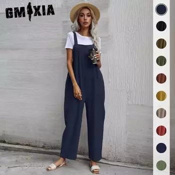 GMXIA Трендовый свободный однотонный комбинезон без рукавов с лямкой на шее S