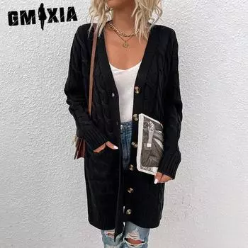 GMXIA Трикотаж Осень и зима Длинный свитер Twist Женский кардиган на пуговицах S жёлтый