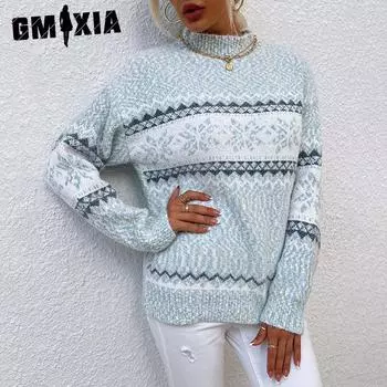 GMXIA Трикотаж Осень Зима Полуводолазка Снежинка Свитер для Женщин S розовый