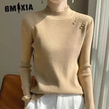 GMXIA Трикотажная рубашка с пряжкой в стиле ретро, женская, с полувысоким воротом, джемпер, модный, внутренний теплый джемпер S белый