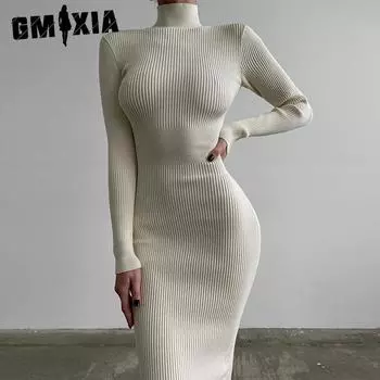 GMXIA трикотажная юбка средней длины с высоким воротом, женская однотонная шерстяная обтягивающая пикантная осенне-зимняя юбка