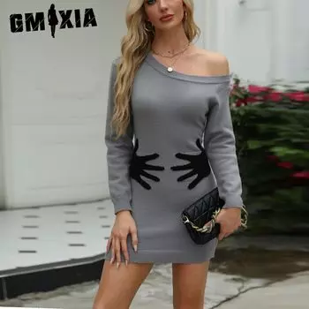 GMXIA Трикотажное платье осень-зима с диагональными плечами и ладонями, длинное трикотажное платье до бедер S серый