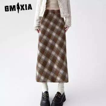 GMXIA Tweed Plaid Retro Half-body Skirt Female Spring and Autumn High Waist Thin Open Fork Package Hip Plaid Medium-length A-line Skirt S красный