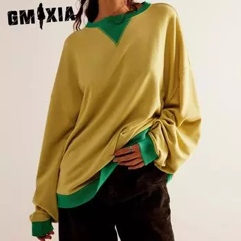 GMXIA Уличный стиль, цветной контрастный топ с длинными рукавами, свободные плечи, круглый вырез, толстовка с капюшоном, пальто для женщин, весна и осень S