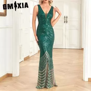 GMXIA Вечернее платье без рукавов с двойным v-образным вырезом, сексуальное женское вечернее платье русалки, зеленые градиентные пайетки S