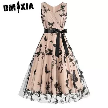GMXIA Весенне-летнее платье с v-образным вырезом и поясом без рукавов, винтажное платье-бабочка, юбка Помпадур S абрикосовый
