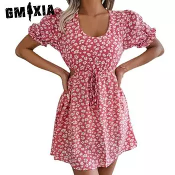 GMXIA Весенне-летнее повседневное платье со шнуровкой и цветочным принтом для женщин, юбка S красный