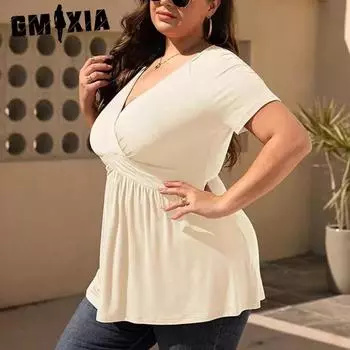 GMXIA весна-лето женская футболка больших размеров с V-образным вырезом для женщин L чёрный