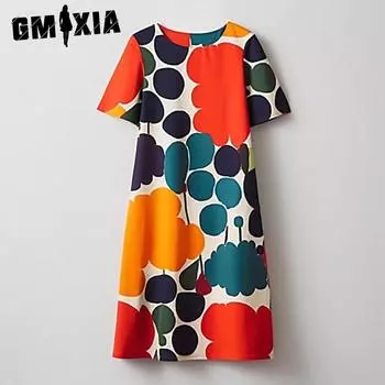 GMXIA Весенне-летняя женская мода, разноцветная масляная роспись, вышитое женское платье с короткими рукавами и круглым вырезом S оранжевый