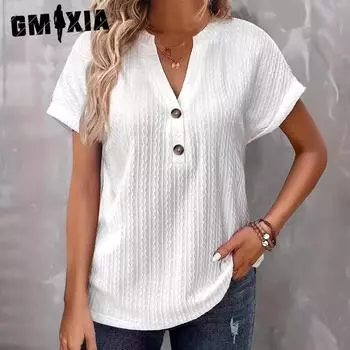 GMXIA весна-лето женская мода повседневная однотонная футболка с V-образным вырезом и коротким рукавом на пуговицах для женщин S белый