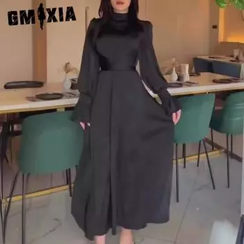 GMXIA Весна Осень Осень Атласный Длинный Рукав Полуводолазка Элегантное Женское Платье Талии S