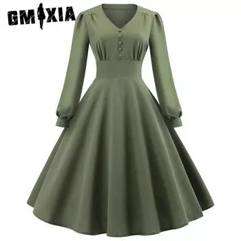 GMXIA Весна-Осень Однотонное Платье С Принтом Средней Талии Винтажное Платье с V-образным вырезом Длинные Рукава Застежка На Пуговицах S армия зеленый