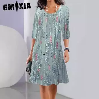GMXIA Весенне-осеннее платье средней длины с длинными рукавами и круглым вырезом с принтом S